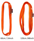 GM Climbing 16mm Nylon Sling Runner 60cm 24 Inch Fluorescent Orange, 22kN Capacity next to 120cm version for comparison.