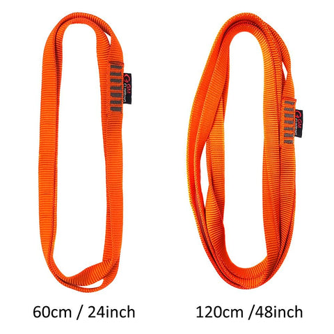 GM Climbing 16mm Nylon Sling Runner 60cm 24 Inch Fluorescent Orange, 22kN Capacity next to 120cm version for comparison.