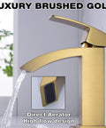 Gold Bathroom Faucet With Square Design Single Handle Waterfall Faucet For Single Hole Install Includes Brushed Brass Finish Metal Pop Up Drain And Deck Plate Fingerprint Resistant Premium Durable Brass Construction