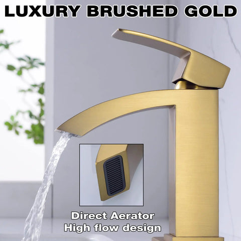 Gold Bathroom Faucet With Square Design Single Handle Waterfall Faucet For Single Hole Install Includes Brushed Brass Finish Metal Pop Up Drain And Deck Plate Fingerprint Resistant Premium Durable Brass Construction