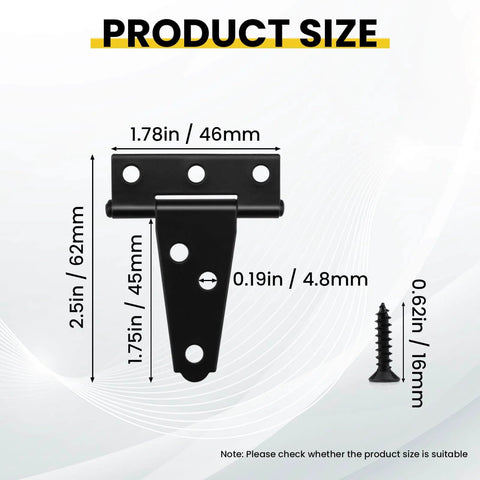 Dimensions of 8 Pcs T Strap Gate Hinges Heavy Duty 2 Inch Black Iron Tee Shed Hinges with screws for barn doors and sheds