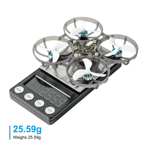 Meteor75 Pro Brushless Whoop Quadcopter on scale at 25.59g with 45mm 3-blade props and O4 Air Unit Matrix 1S 3 in 1 HD FC