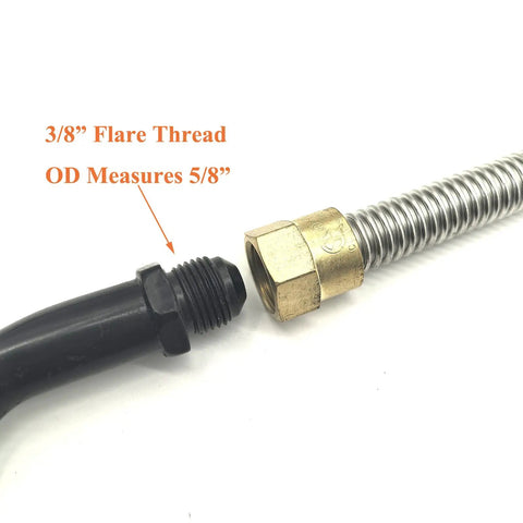 Close-up of 24 Inch Stainless Steel Bellow Propane Hose For RV Low Pressure Fireplace Extension With 3/8 Inch Female Flare Nuts