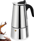 2 Cup Stovetop Espresso Maker In Stainless Steel Moka Pot For Home And On The Go Camping Italian Style Mocha Brew Pot Induction Compatible 100 Ml 3.3 Oz Quick 5 Minute Espresso Rich Aroma And Easy Pour showing stainless steel finish with a black handle, next to a splash of coffee pouring into a white cup.