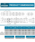 ANSI 100H heavy duty roller chain product dimensions diagram for high load industrial use, single strand carbon steel, 10 ft length