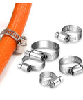 Top Quality 100Pcs Hose Clamps Kit Featuring 1/4 To 23 Inch 32 Size Range With Super Durable 304 Stainless Steel Worm Gear Design Perfect For Intercoolers Pipes And Various Auto Projects On Any Ride.. 304 stainless steel worm gear hose clamps on orange hose, assorted sizes