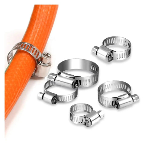 Top Quality 100Pcs Hose Clamps Kit Featuring 1/4 To 23 Inch 32 Size Range With Super Durable 304 Stainless Steel Worm Gear Design Perfect For Intercoolers Pipes And Various Auto Projects On Any Ride.. 304 stainless steel worm gear hose clamps on orange hose, assorted sizes
