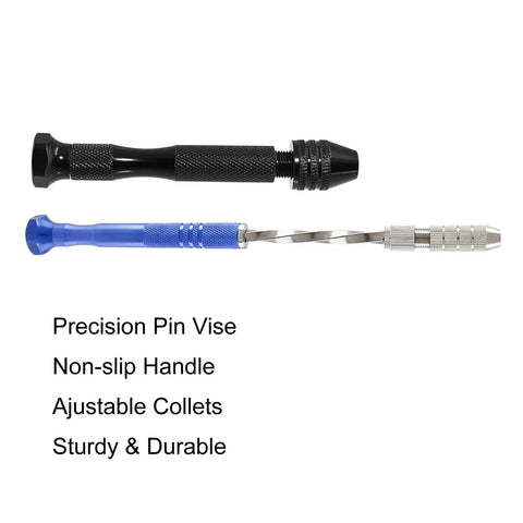 Pin Vise Hand Drill Set 27 Pc Kit 0.5mm To 3mm Miniature Drill Bits For Jewelry Making, Model Craft, Electronics And DIY Projects With Semi Automatic Rotating Bit And Black Needle Vise Handle, Pro Grade Tool For Precise Small Work; black and blue vise handles