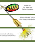 Close-up of Beefed Up Spinner Baits Set For Freshwater And Saltwater showing colorful rooster tail lure and sharp hook.
