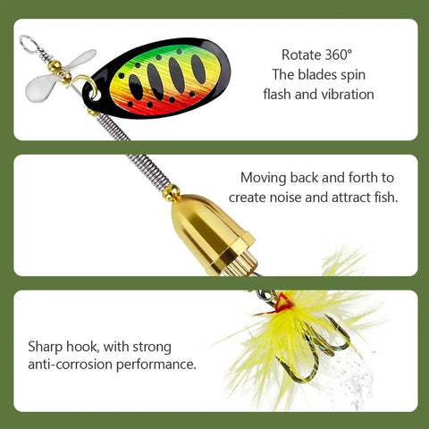 Close-up of Beefed Up Spinner Baits Set For Freshwater And Saltwater showing colorful rooster tail lure and sharp hook.