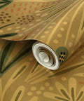 Beige Floral Wallpaper With Luxurious Gold Metallic Finish For Major Interior Glow Up, showing rolled texture and color details.