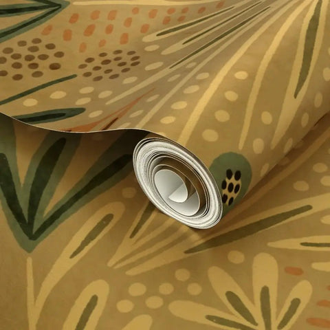 Beige Floral Wallpaper With Luxurious Gold Metallic Finish For Major Interior Glow Up, showing rolled texture and color details.