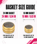 Brass And Stainless Steel Mesh Ultrasonic Cleaner Basket Set Built Tough Like Nails For Tiny Watch Parts Delicate Charms And Medium Rings Quick Drain Setup Straight Up Deep Clean Power Pack Of 2 size guide showing 24mm and 16mm baskets.
