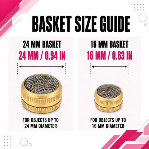 Brass And Stainless Steel Mesh Ultrasonic Cleaner Basket Set Built Tough Like Nails For Tiny Watch Parts Delicate Charms And Medium Rings Quick Drain Setup Straight Up Deep Clean Power Pack Of 2 size guide showing 24mm and 16mm baskets.