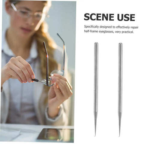 Woman using Six Piece Stainless Steel Eyeglass Repair Hook Tool Set For Half Frame Glasses next to tools on table