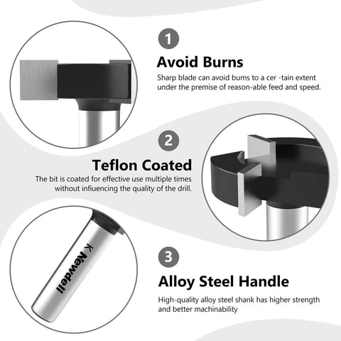 Image of CNC Spoilboard Surfacing Router Bit Pro With One Quarter Inch Shank And One Inch Cutting Diameter Three Wing Slab Flattening Tool For Wood Dado And Planing, highlighting alloy steel handle, Teflon coating, and burn-prevention sharp blade.