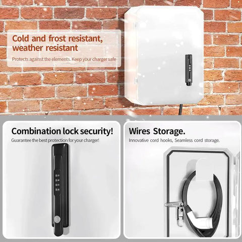 Wall Mounted 1.2MM Cold Rolled Steel EV Charger Protection Box for Tesla with combination lock and wire storage hooks.