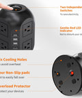Top view of 12 In 1 Tower Power Strip With 8 Outlets And 4 USB Ports, including independent switches and LED indicator, black.