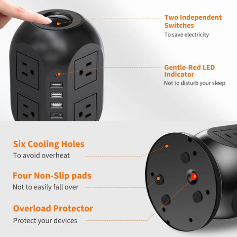 Top view of 12 In 1 Tower Power Strip With 8 Outlets And 4 USB Ports, including independent switches and LED indicator, black.