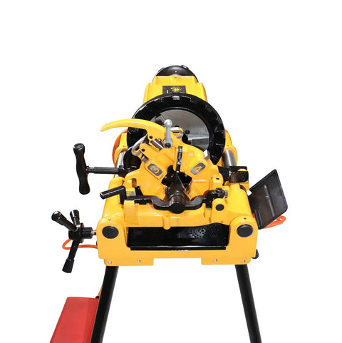 Steel Dragon Tools 300 Compact Pipe Threader Machine With Self Opening Die Head And Two Dies, front view showcasing controls and design.