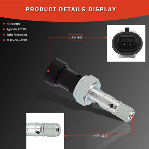 Side view of brake pressure switch with 2-pin plug and metal threaded bolt