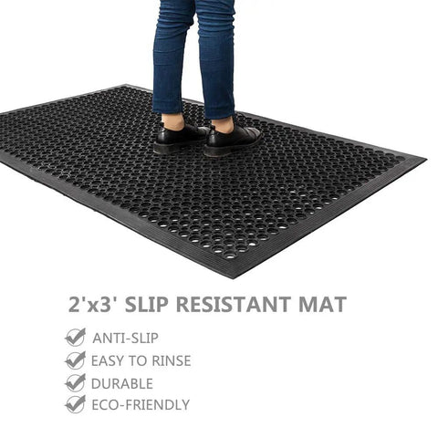 Person standing on Grippy Non Slip Rubber Drainage Floor Mat With Holes 24x36 Anti Fatigue Cushion for wet areas cleaning.