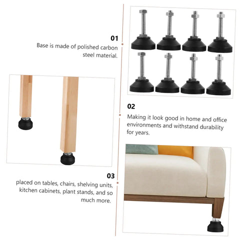Heavy Duty Adjustable Furniture Levelers Fully Threaded Table Legs For Cabinets And Chairs Built Tough Floor Feet, set of 8 with polished carbon steel.