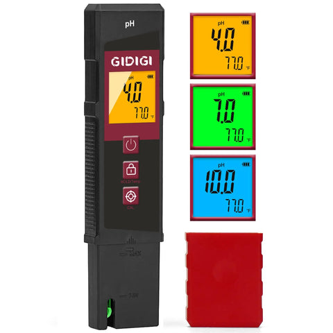 Digital pH Meter With Color LCD Backlit Display And UL Certified Accuracy shown with three color displays and calibration powder case
