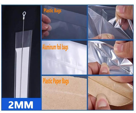 Image showcasing 2mm plastic, aluminum foil, and paper bags used with 12 Inch Manual Heat Sealer For Plastic Bags Sealing Machine.