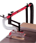 Heavy Hitter Table Saw Dust Collection Guard Handles Up To 16 Inch Blades With Smooth 45 Degree Tilting Boom attached to saw.