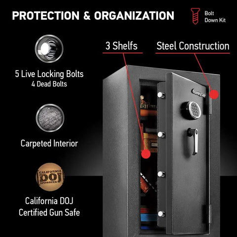 Powerful Fireproof And Waterproof XXL Steel Floor Safe with Digital Keypad, 3 shelves, carpeted interior, DOJ certified, open view