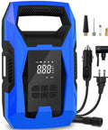 No Drama Portable Tire Inflator Air Compressor With Smart Pressure Gauge and Automatic Shutoff, blue, digital display and accessories.