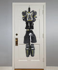 Portable Hockey Gear Drying Rack with Five Sturdy Hooks hangs skates and pads on a door reducing odor.