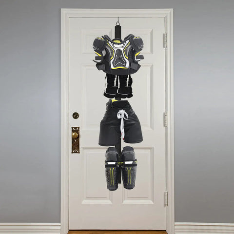 Portable Hockey Gear Drying Rack with Five Sturdy Hooks hangs skates and pads on a door reducing odor.
