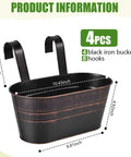 4 Pack Black Metal Hanging Flower Pots To Level Up Railing Decor Iron Planters With Drain Holes Rust Resistant Bucket holders with dimensions.