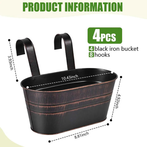4 Pack Black Metal Hanging Flower Pots To Level Up Railing Decor Iron Planters With Drain Holes Rust Resistant Bucket holders with dimensions.
