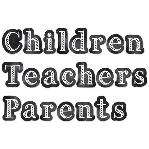 Solid Quality Chalkboard Letter Cutouts For Classroom Decor And Homeschool Projects Back To School Bulletin Board Wall Styling Vintage white letters spelling "Children Teachers Parents"