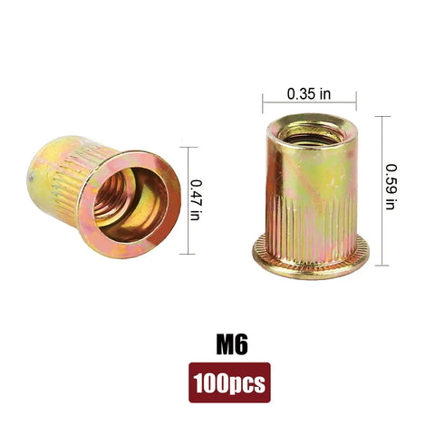 Heavy Duty M6 Rivet Nut Kit 100 Piece Set For Metal Projects With Zinc Coated Carbon Steel Flat Head Rivnuts And Threaded Inserts