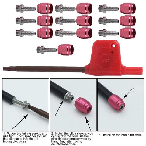 Hydraulic Disc Brake Hose Olive Kit with 10 stainless steel olives, T8 tool, and installation guide for quick brake replacement.