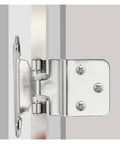 3/8 Inch Inset Cabinet Hinges, Self-Closing Flush Face Mount, silver hinge installation on a surface, visible screws