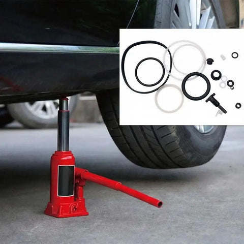 Score This Dope 17 Piece Bottle Jack Repair Kit For 3 Ton Hydraulic Vertical Lift With Ram Piston Pump seals and gaskets displayed with a red bottle jack.
