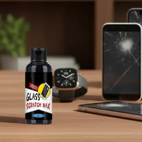 Scratch Repair Liquid for Phone Screens and Tablet Glasses, bottle beside cracked phone screen, quick fix solution display.