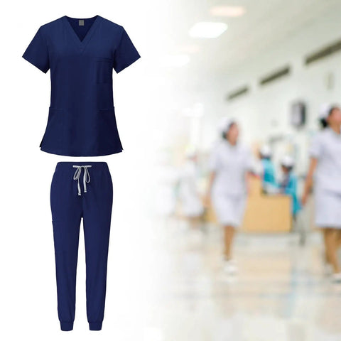 Women Scrub Set For Clinics And Spas Top And Jogger Pants Navy Blue XL Machine Washable And Easy Care Workwear All Day Comfort
