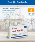 Front view of white plastic First Aid Kit case with handle; label shows First Aid Kit and 91322, ANSI/ISEA Z308.1-2021.