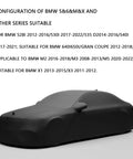 Black car cover for BMW models, fitting BMW 528i, 530i, 535, 540i, M2, M3, M5, X1, and X3. Covers all visible parts of the vehicle.