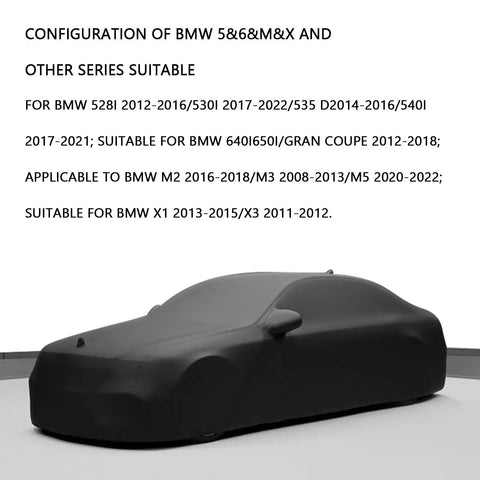 Black car cover for BMW models, fitting BMW 528i, 530i, 535, 540i, M2, M3, M5, X1, and X3. Covers all visible parts of the vehicle.