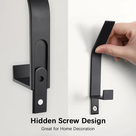 Close-up of black Six Hooks Heavy Duty Wall Mount Coat Rack Set featuring aluminum alloy hooks with hidden screw design.