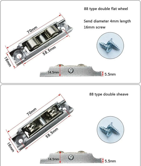 Plastic Steel Reinforced Buttery Smooth Glide Sliding Window Rollers Type 88 double flat wheel with dimensions and screws