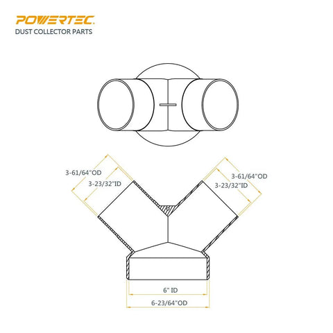 Top Notch Woodshop Essential Heavy Duty Dust Collector Y Fitting six inch to four inch hose reducer drawing with measurements.