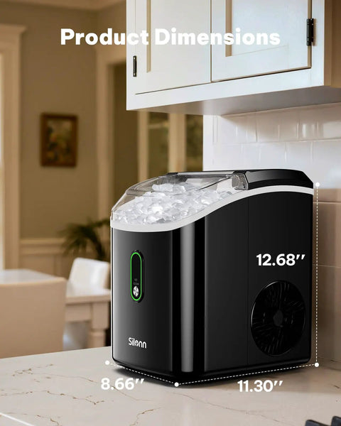Real Deal Chewable Nugget Ice Maker Countertop Self Cleaning Fast Freeze Pellet Machine dimensions on kitchen counter.